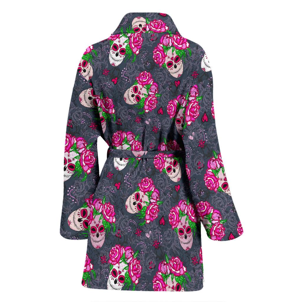 Sugar Skull Pink Rose Themed Print Women Bath Robe-JTAMIGO.COM