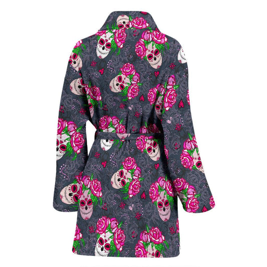 Sugar Skull Pink Rose Themed Print Women Bath Robe-JTAMIGO.COM