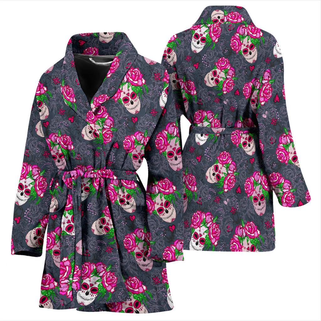 Sugar Skull Pink Rose Themed Print Women Bath Robe-JTAMIGO.COM