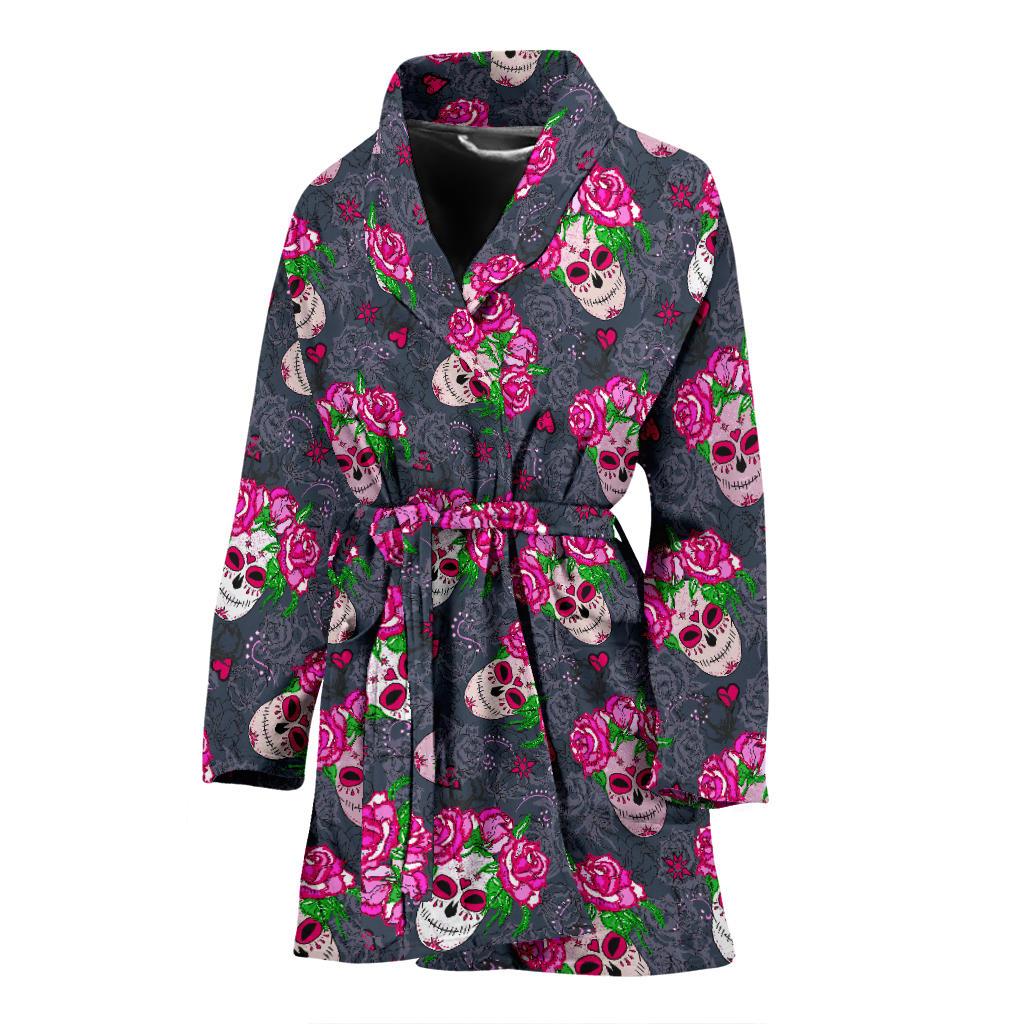 Sugar Skull Pink Rose Themed Print Women Bath Robe-JTAMIGO.COM
