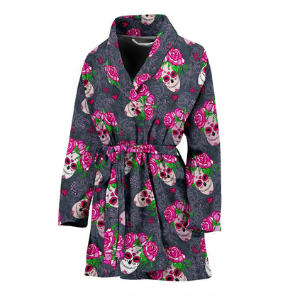 Sugar Skull Pink Rose Themed Print Women Bath Robe-JTAMIGO.COM