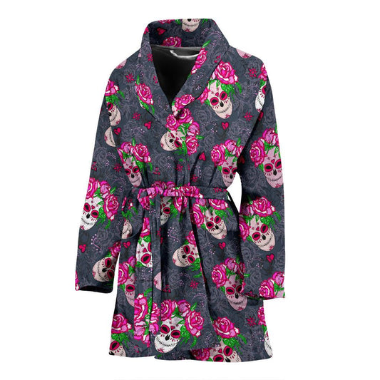 Sugar Skull Pink Rose Themed Print Women Bath Robe-JTAMIGO.COM