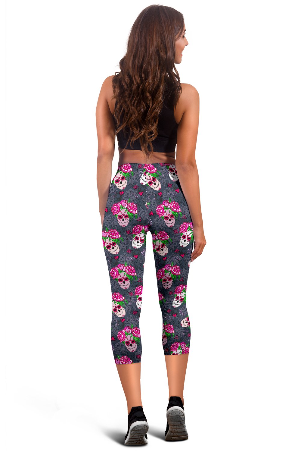Sugar Skull Pink Rose Themed Print Women Capris