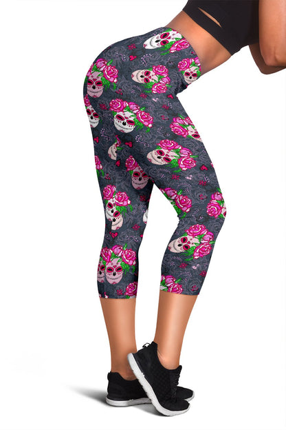 Sugar Skull Pink Rose Themed Print Women Capris