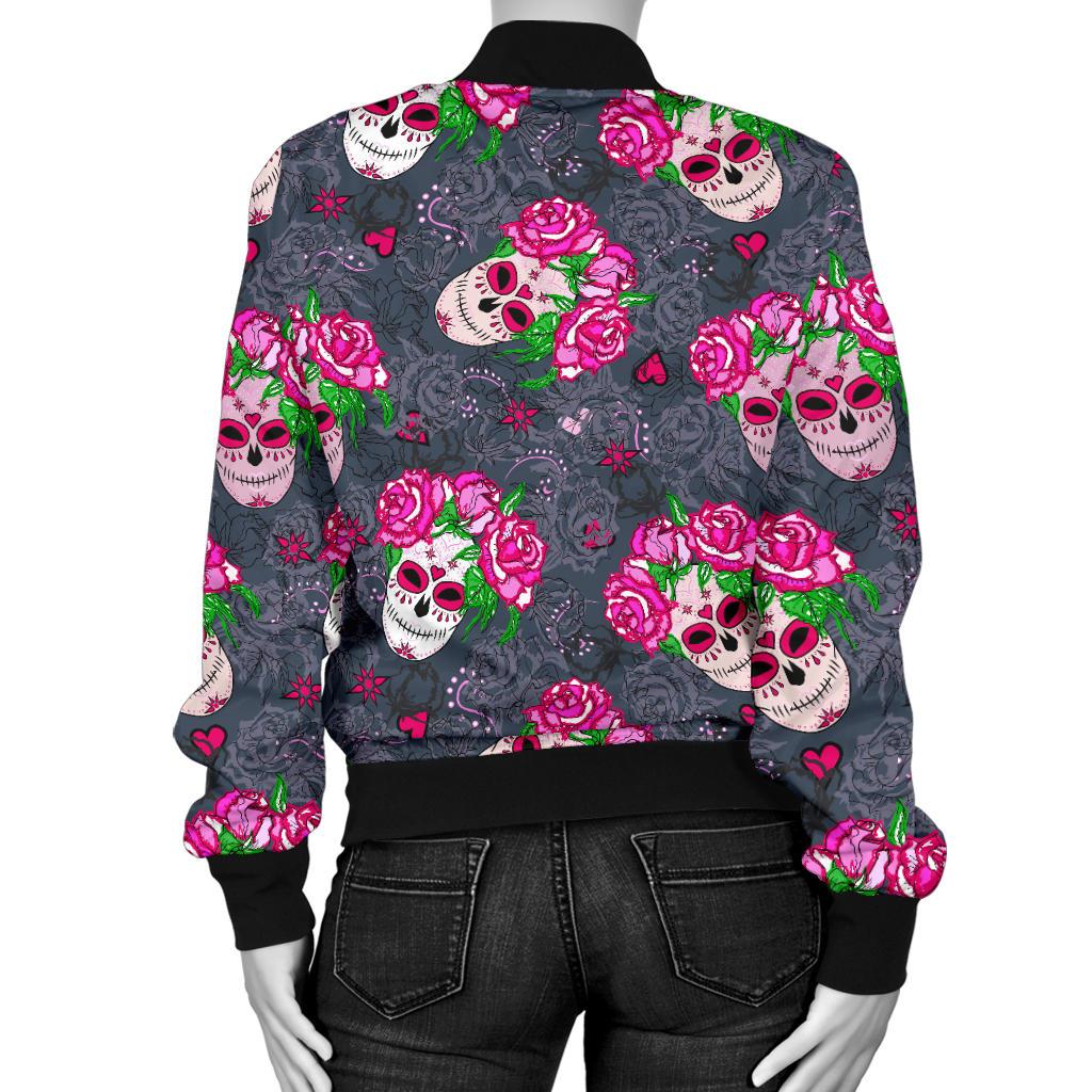 Sugar Skull Pink Rose Themed Print Women Casual Bomber Jacket