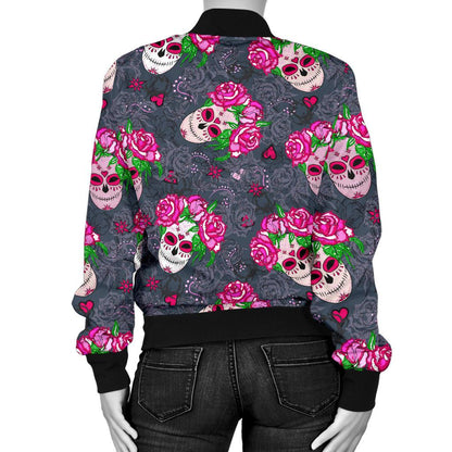 Sugar Skull Pink Rose Themed Print Women Casual Bomber Jacket