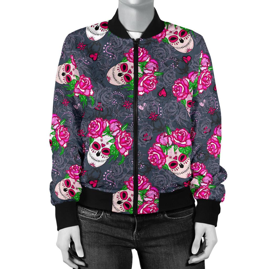 Sugar Skull Pink Rose Themed Print Women Casual Bomber Jacket