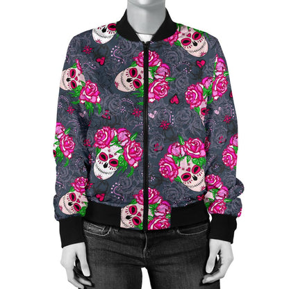 Sugar Skull Pink Rose Themed Print Women Casual Bomber Jacket