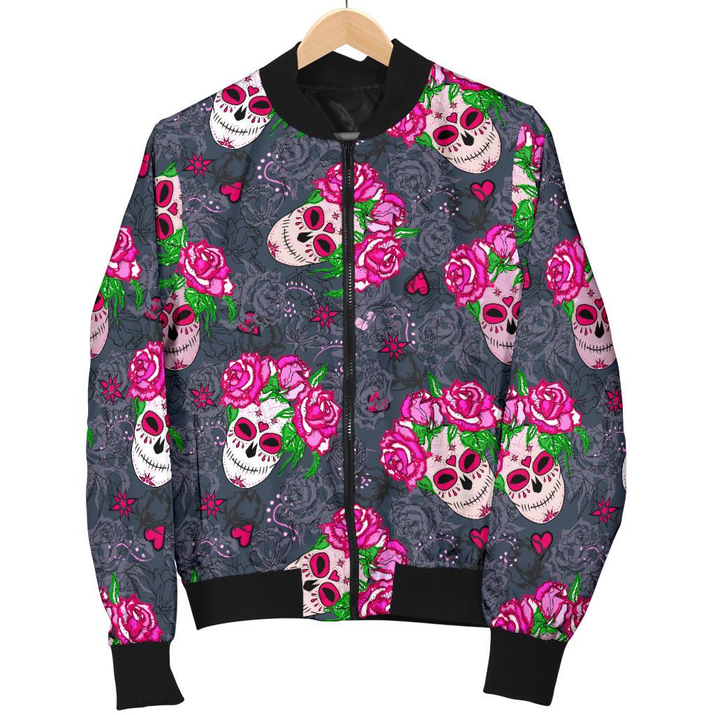 Sugar Skull Pink Rose Themed Print Women Casual Bomber Jacket