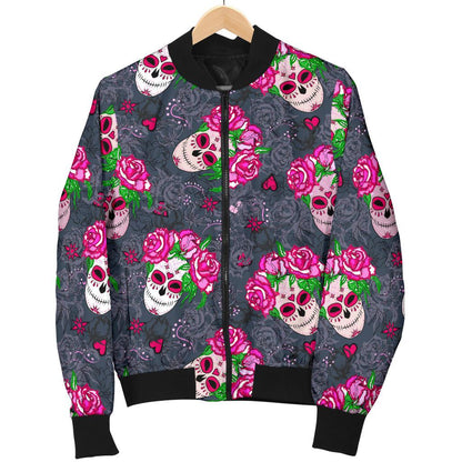 Sugar Skull Pink Rose Themed Print Women Casual Bomber Jacket