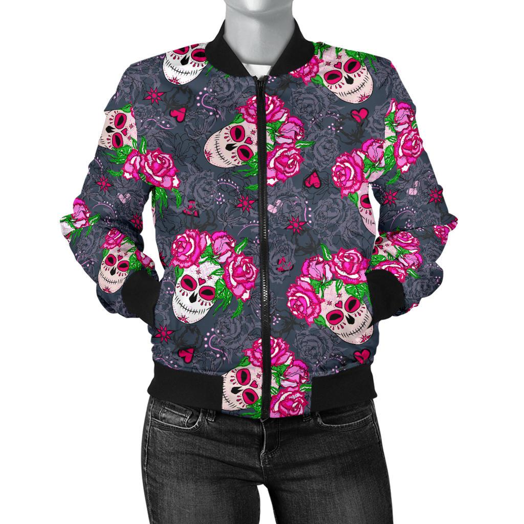 Sugar Skull Pink Rose Themed Print Women Casual Bomber Jacket
