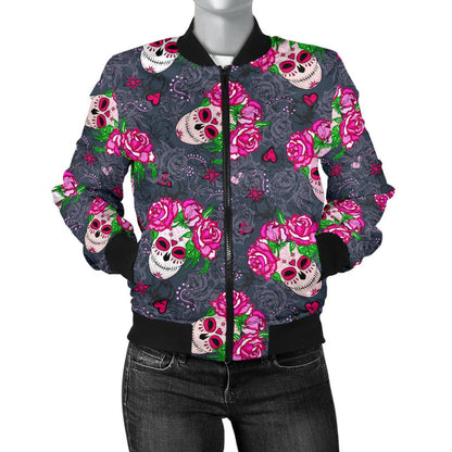 Sugar Skull Pink Rose Themed Print Women Casual Bomber Jacket