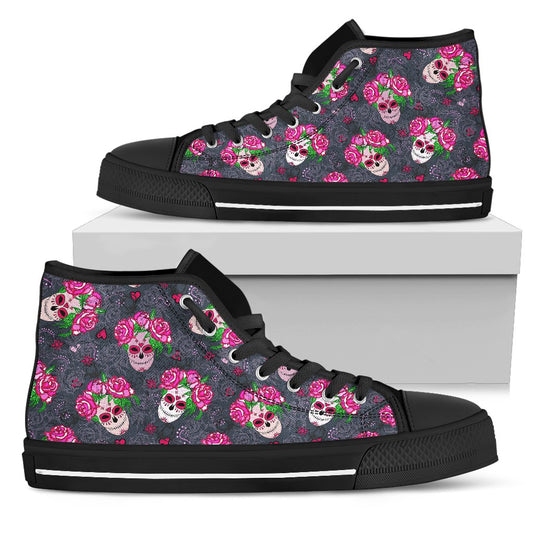 Sugar Skull Pink Rose Themed Print Women High Top Shoes