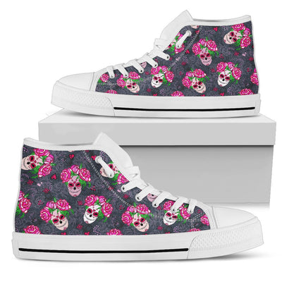 Sugar Skull Pink Rose Themed Print Women High Top Shoes