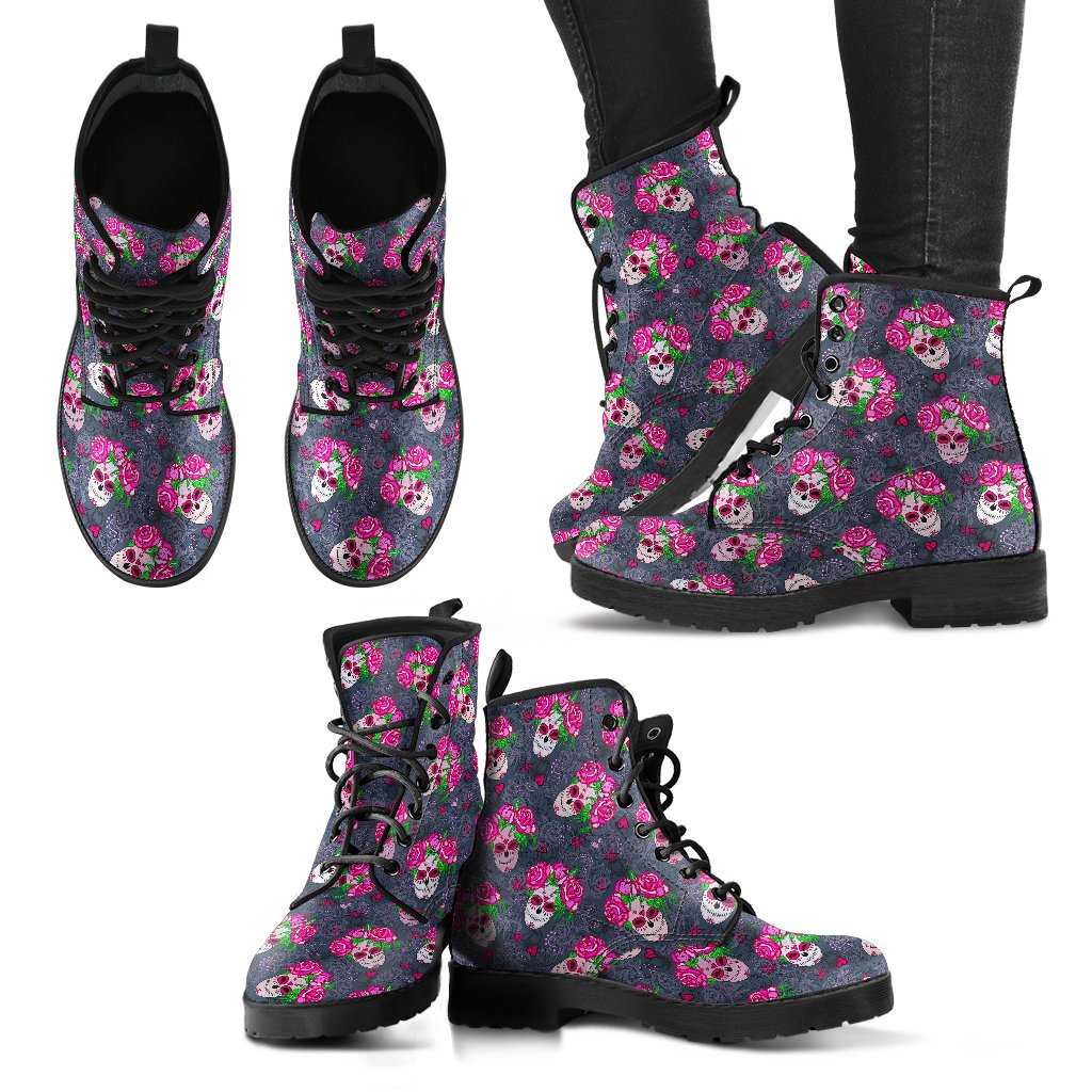 Sugar Skull Pink Rose Themed Print Women Leather Boots-JTAMIGO.COM