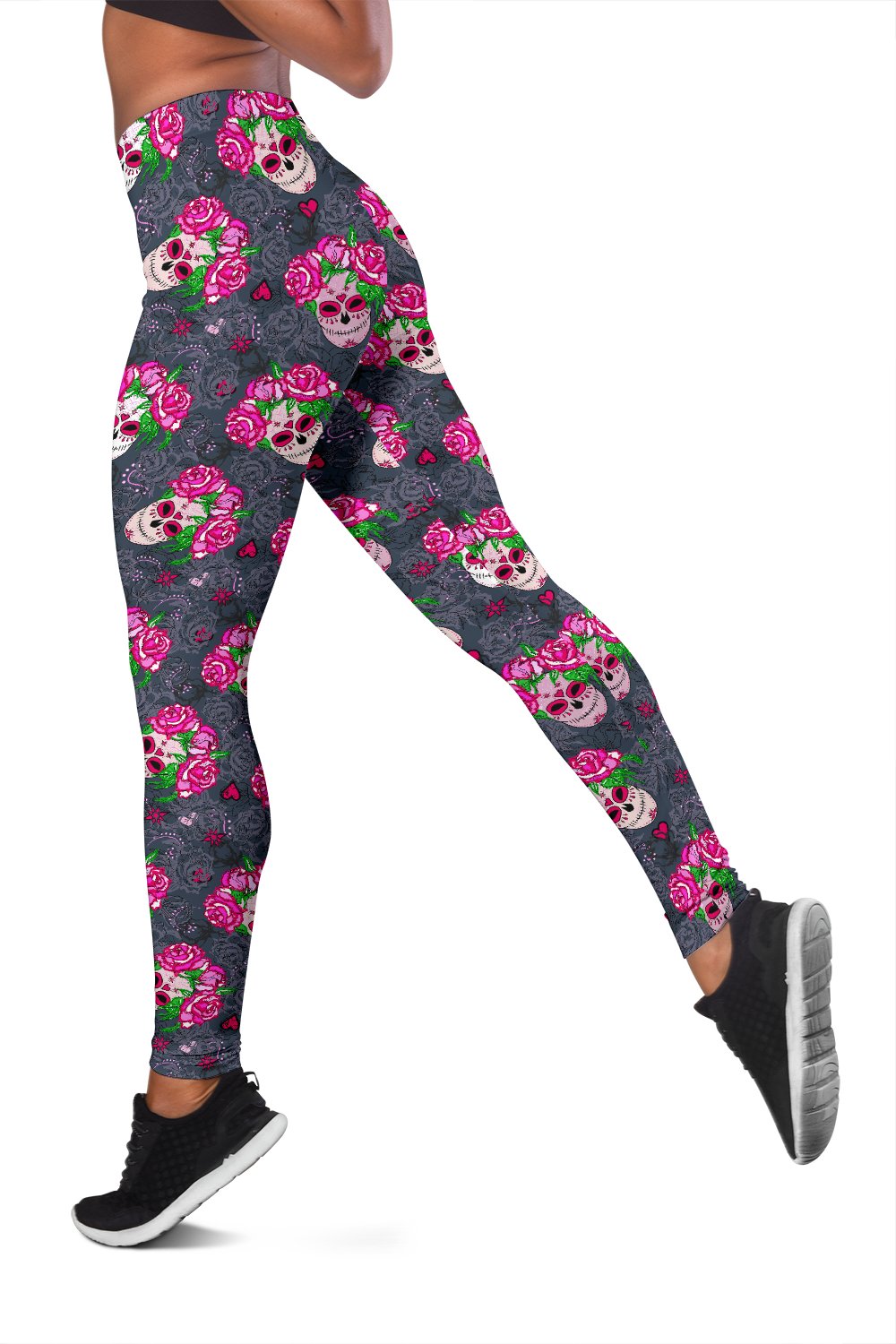 Sugar Skull Pink Rose Themed Print Women Leggings