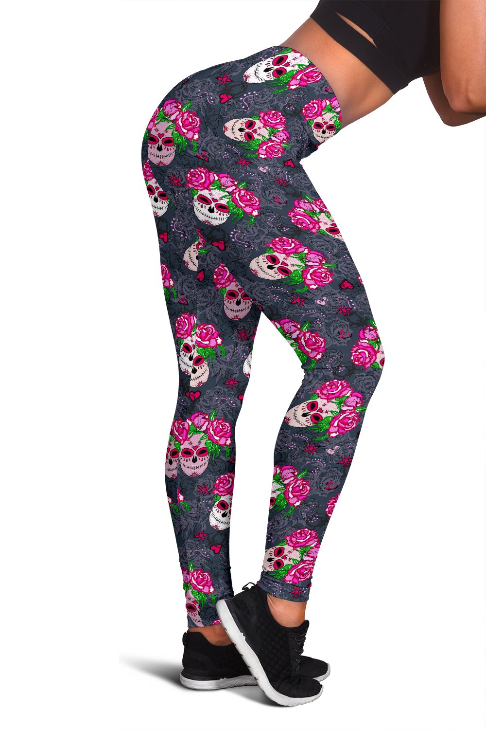 Sugar Skull Pink Rose Themed Print Women Leggings