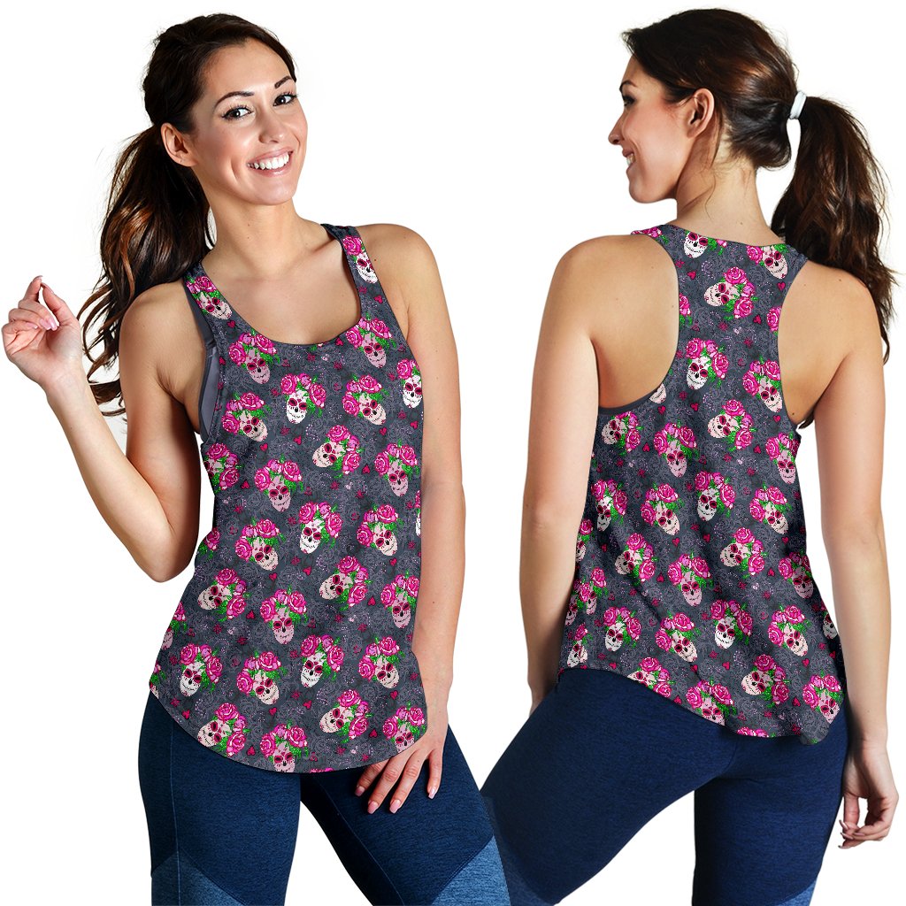 Sugar Skull Pink Rose Themed Print Women Racerback Tank Top
