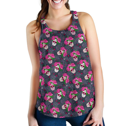 Sugar Skull Pink Rose Themed Print Women Racerback Tank Top