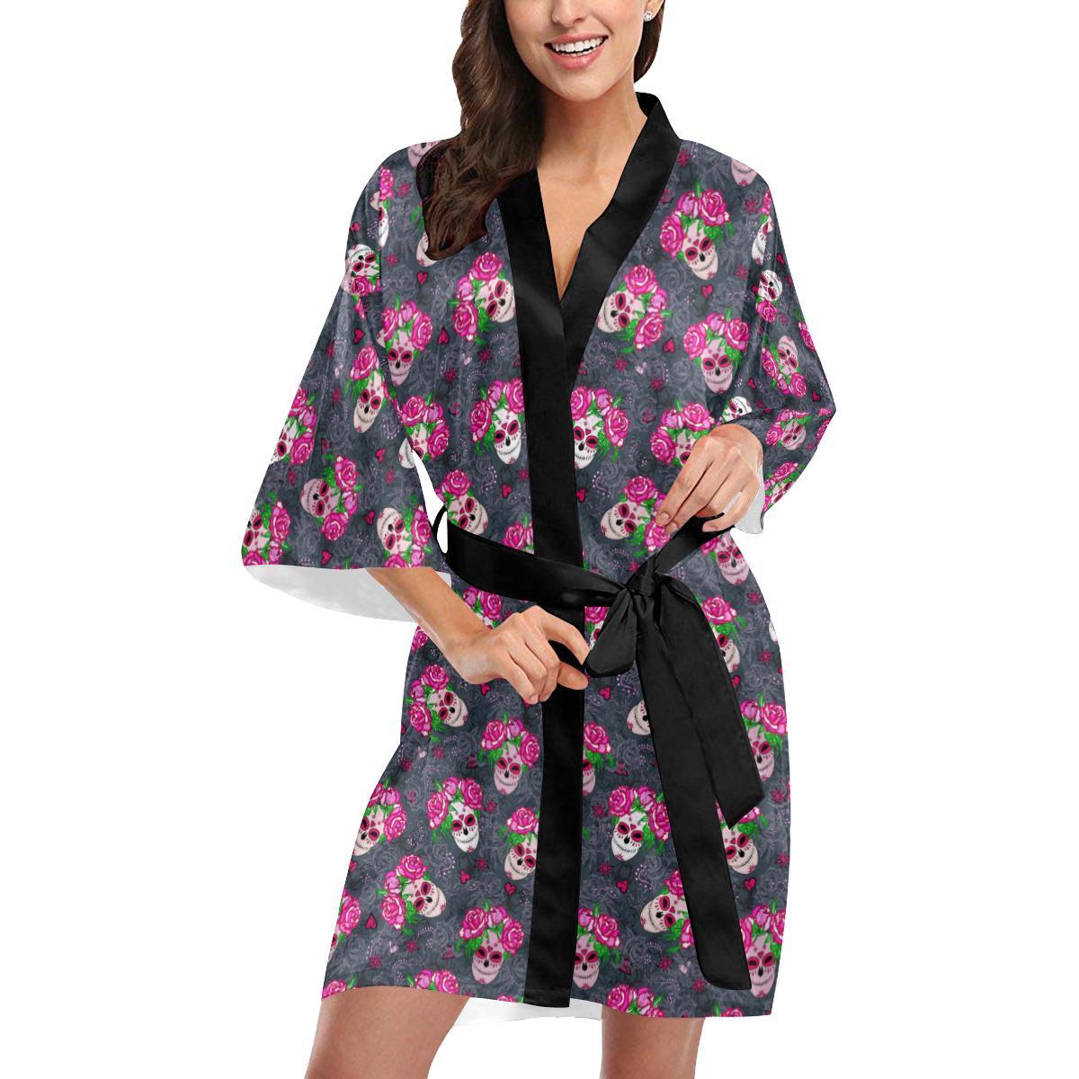 Sugar Skull Pink Rose Themed Print Women Short Kimono Robe