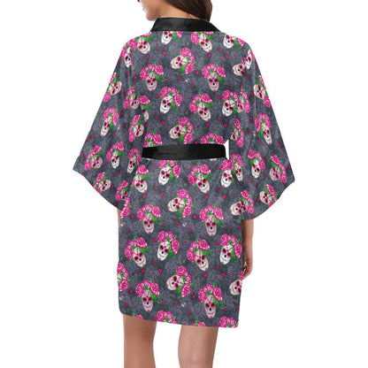Sugar Skull Pink Rose Themed Print Women Short Kimono Robe