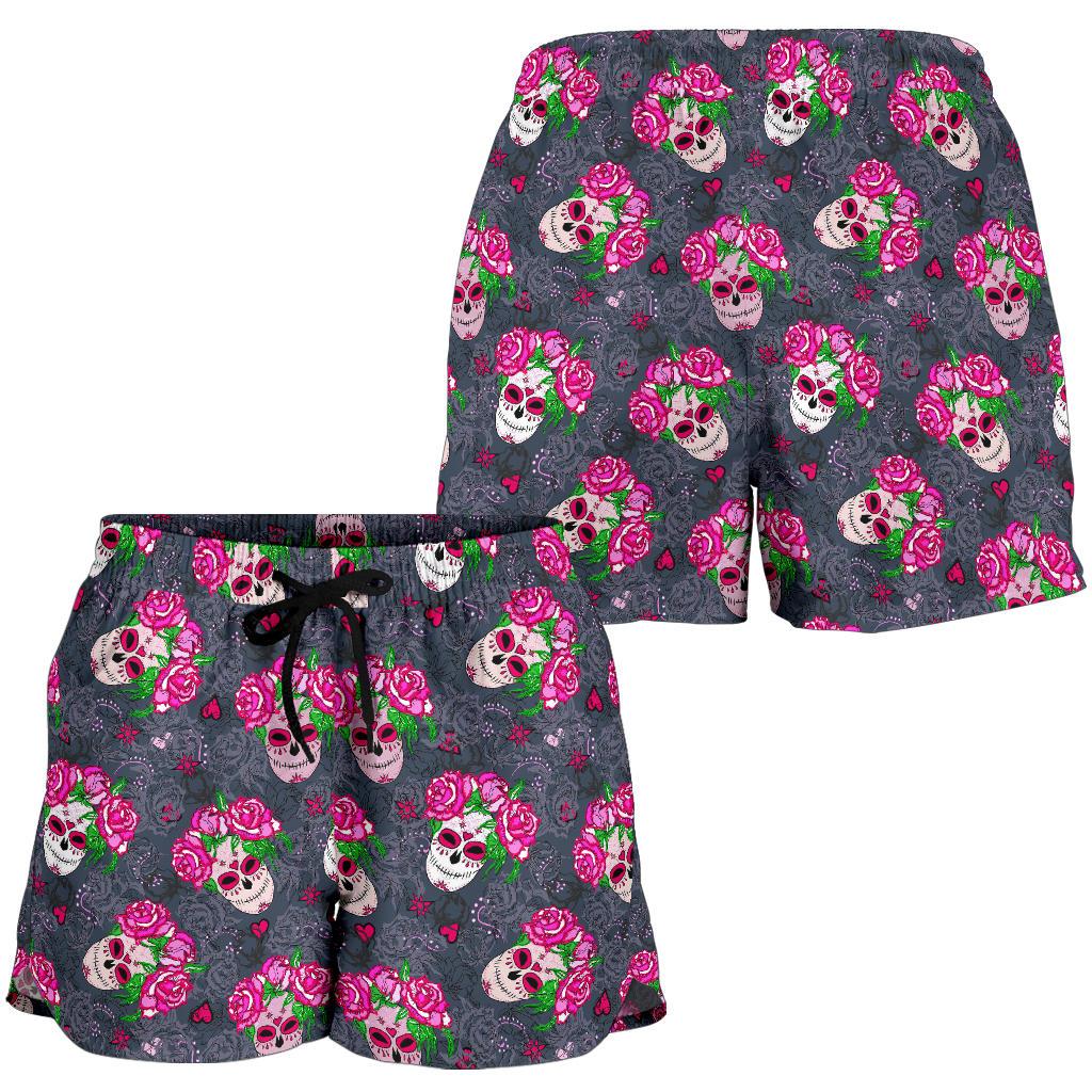 Sugar Skull Pink Rose Themed Print Women Shorts-JTAMIGO.COM