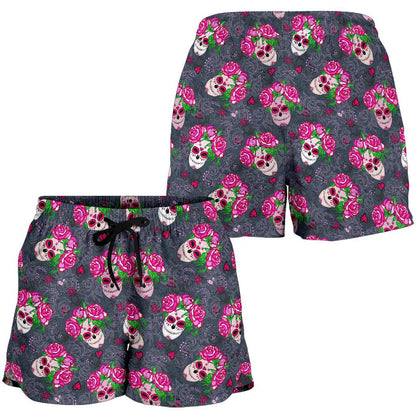 Sugar Skull Pink Rose Themed Print Women Shorts-JTAMIGO.COM