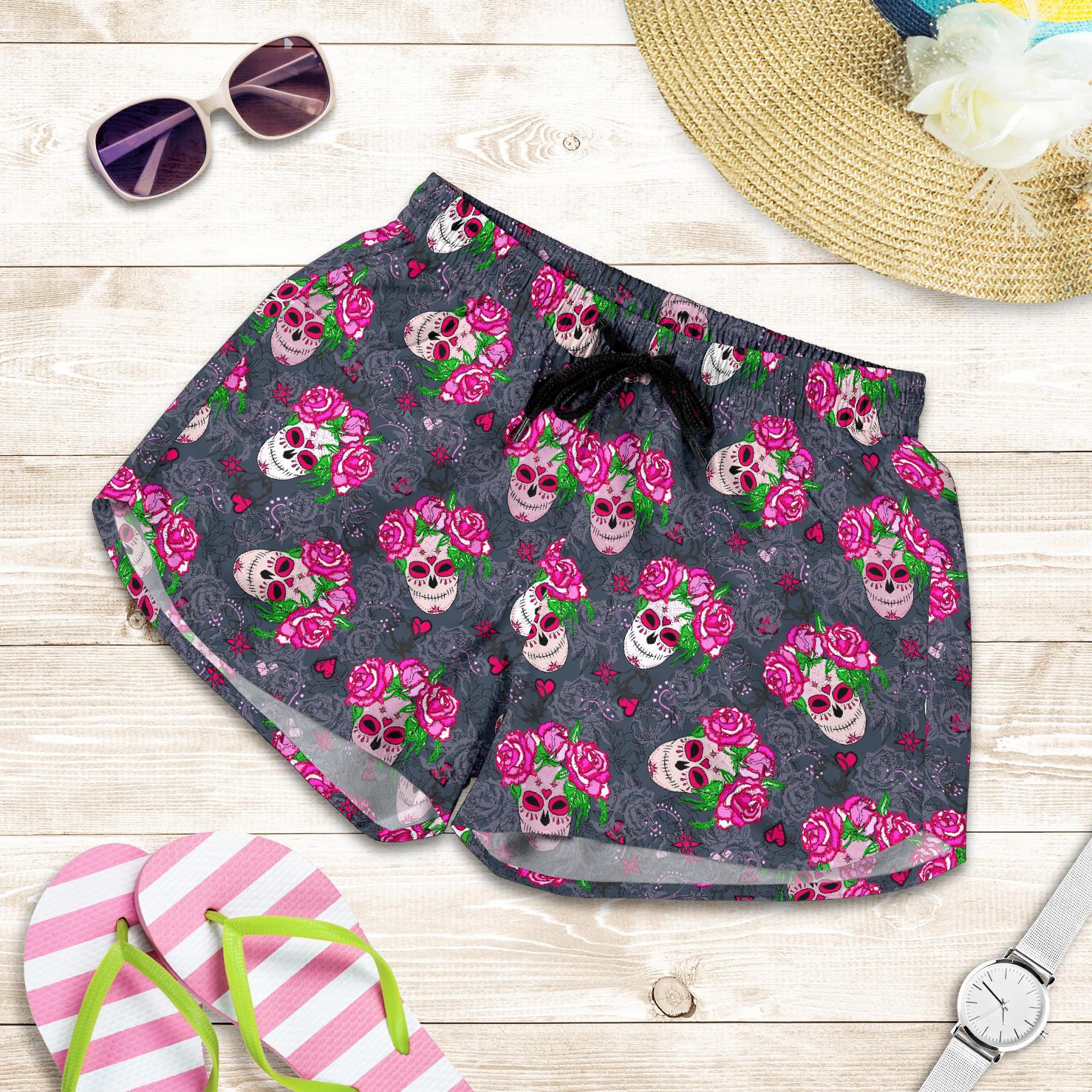 Sugar Skull Pink Rose Themed Print Women Shorts-JTAMIGO.COM