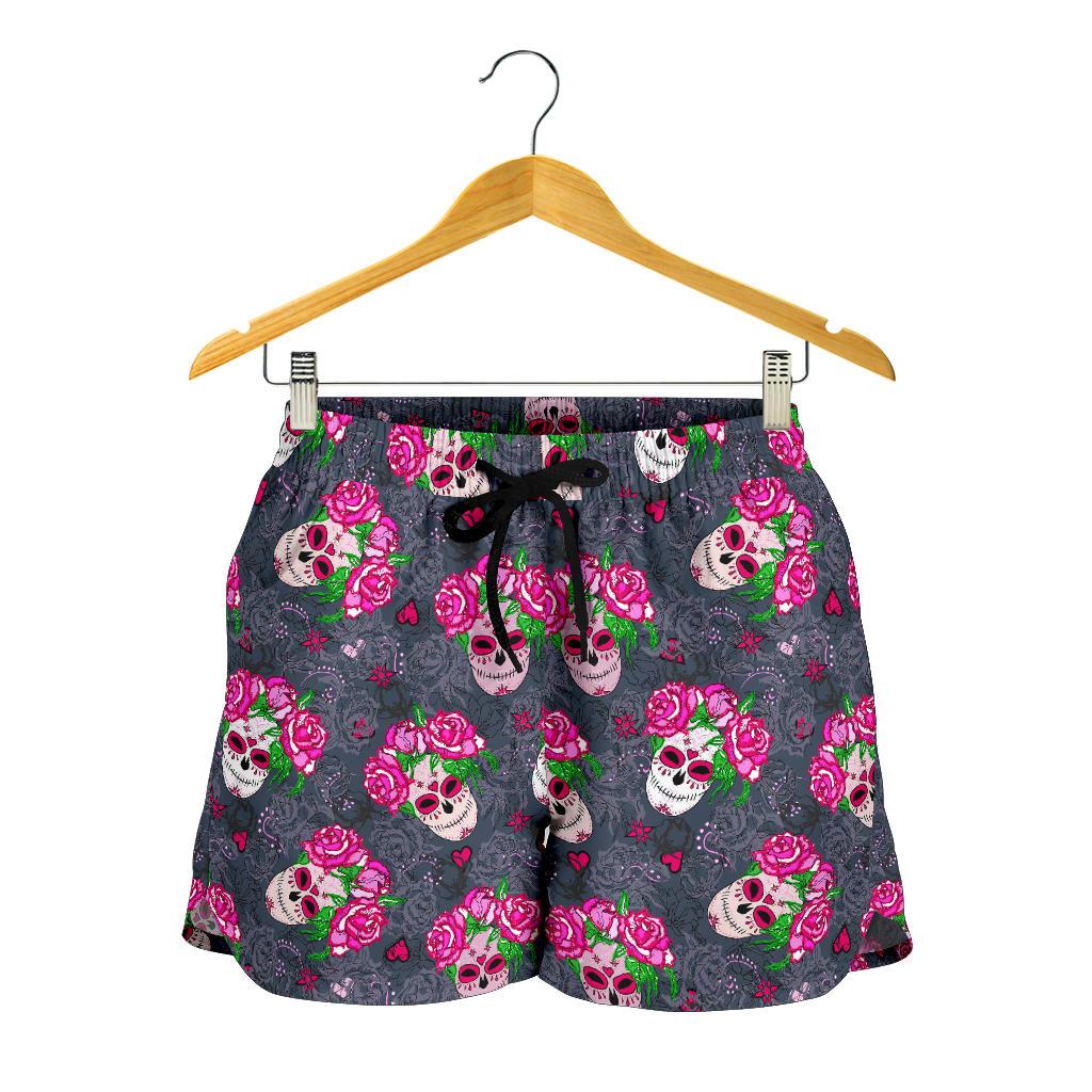 Sugar Skull Pink Rose Themed Print Women Shorts-JTAMIGO.COM