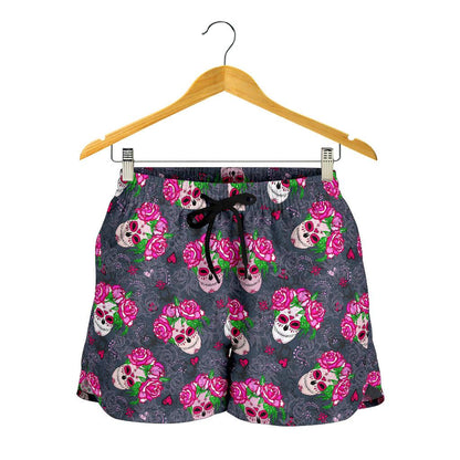 Sugar Skull Pink Rose Themed Print Women Shorts-JTAMIGO.COM