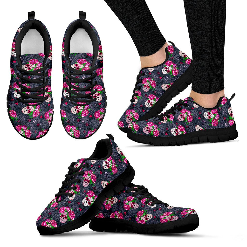 Sugar Skull Pink Rose Themed Print Women Sneakers Shoes