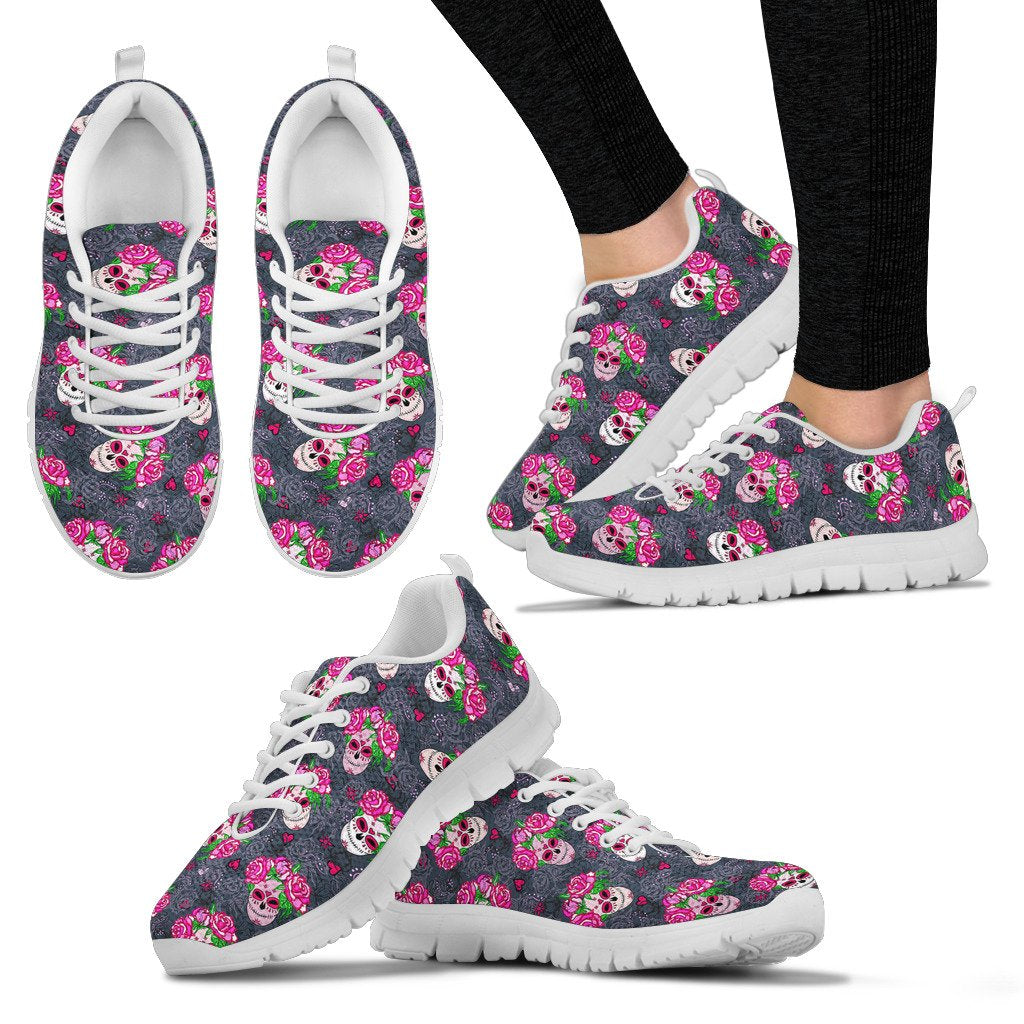 Sugar Skull Pink Rose Themed Print Women Sneakers Shoes