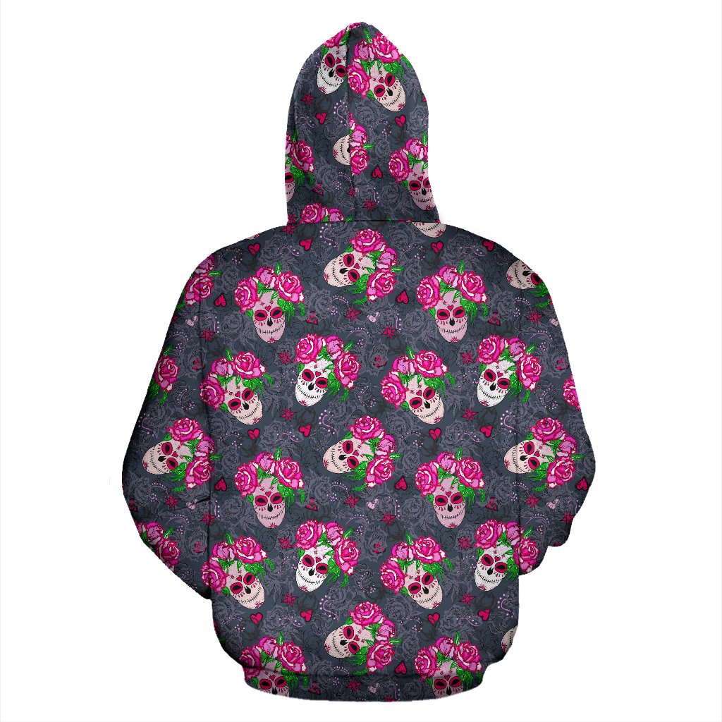 Sugar Skull Pink Rose Themed Print Zip Up Hoodie