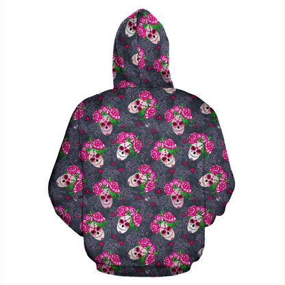 Sugar Skull Pink Rose Themed Print Zip Up Hoodie