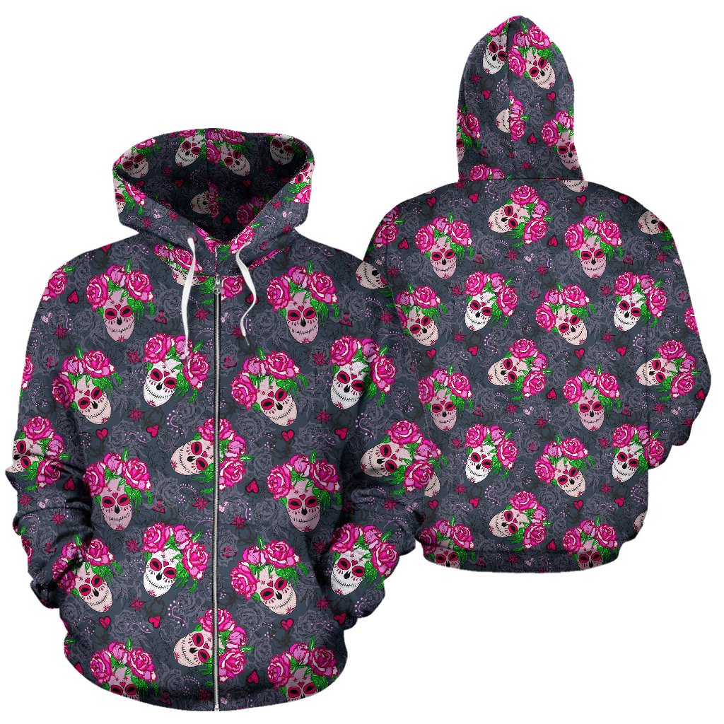 Sugar Skull Pink Rose Themed Print Zip Up Hoodie