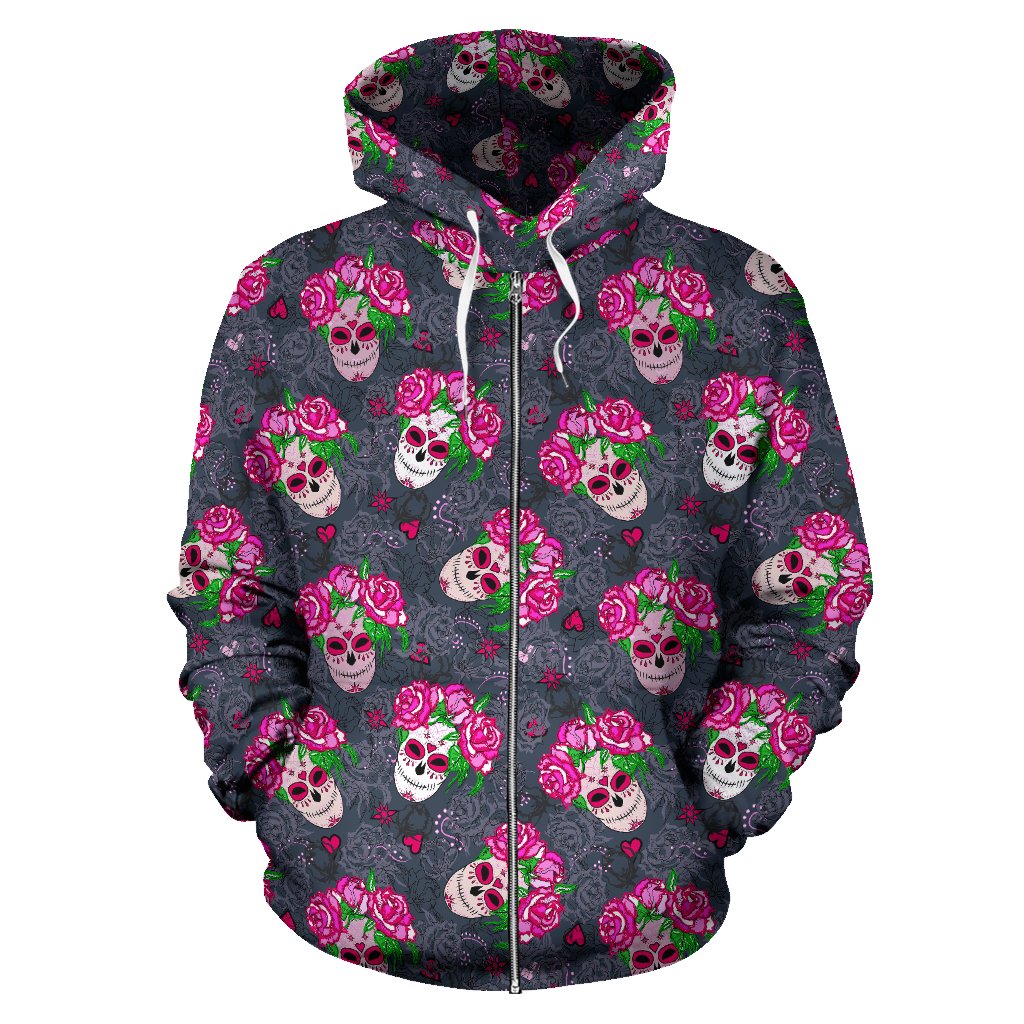 Sugar Skull Pink Rose Themed Print Zip Up Hoodie