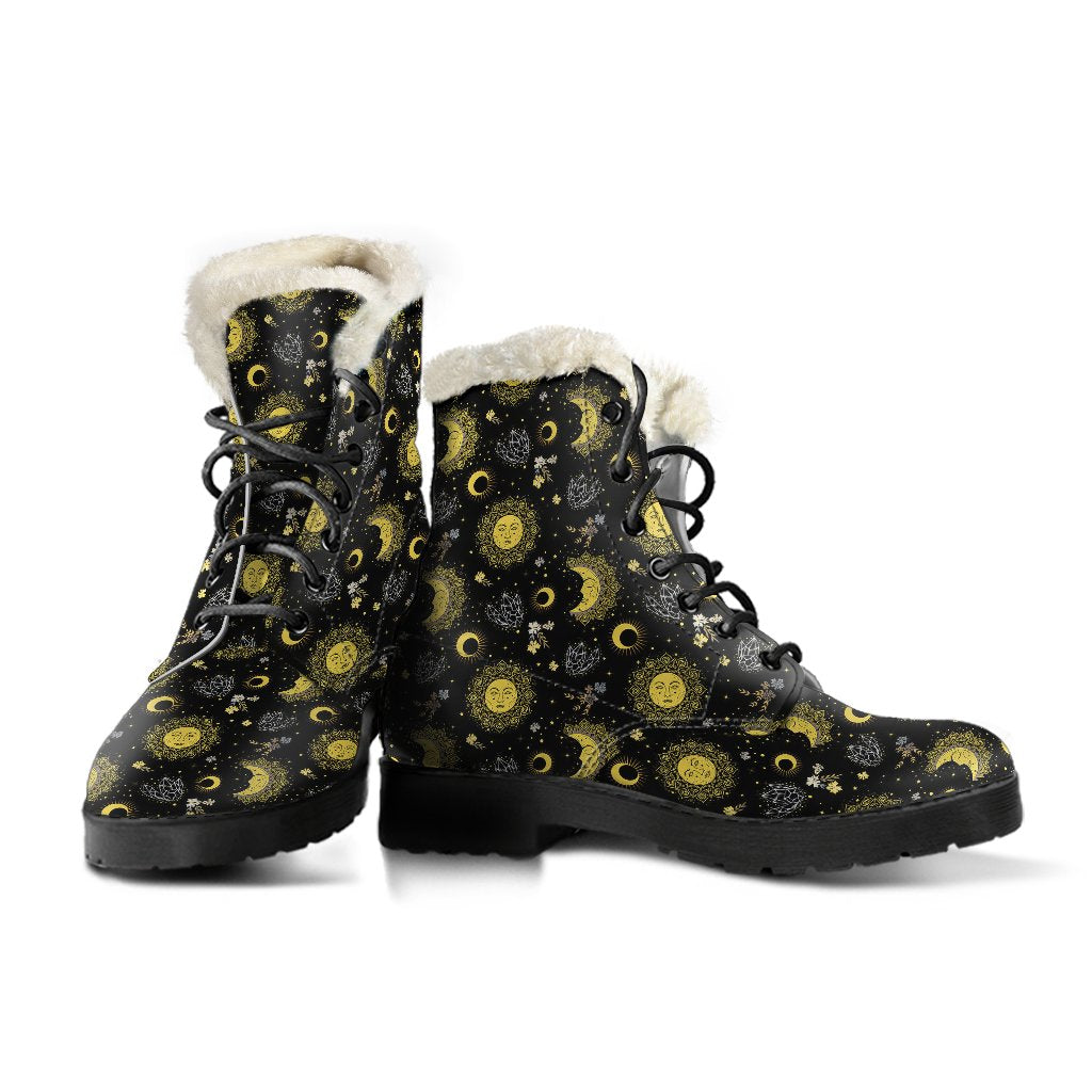 Sun Moon Golden Design Themed Print Faux Fur Leather Boots-JTAMIGO.COM