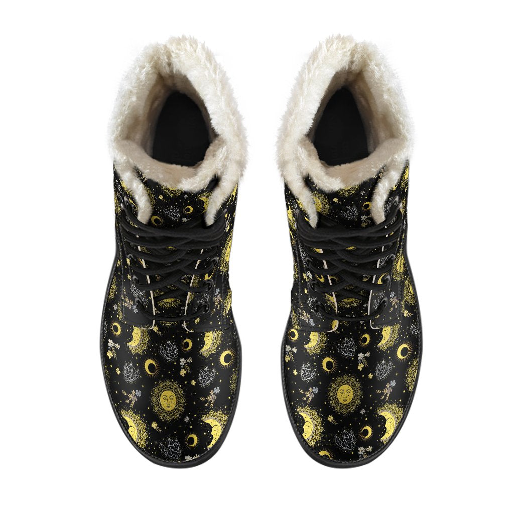 Sun Moon Golden Design Themed Print Faux Fur Leather Boots-JTAMIGO.COM