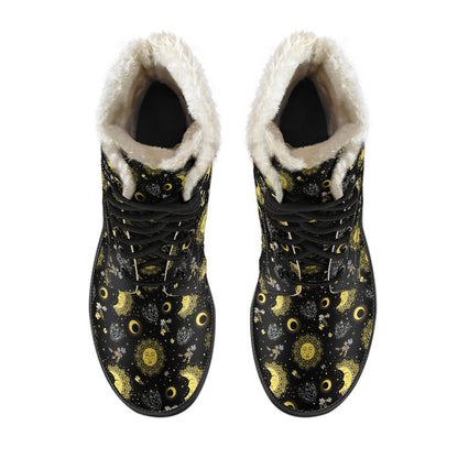 Sun Moon Golden Design Themed Print Faux Fur Leather Boots-JTAMIGO.COM