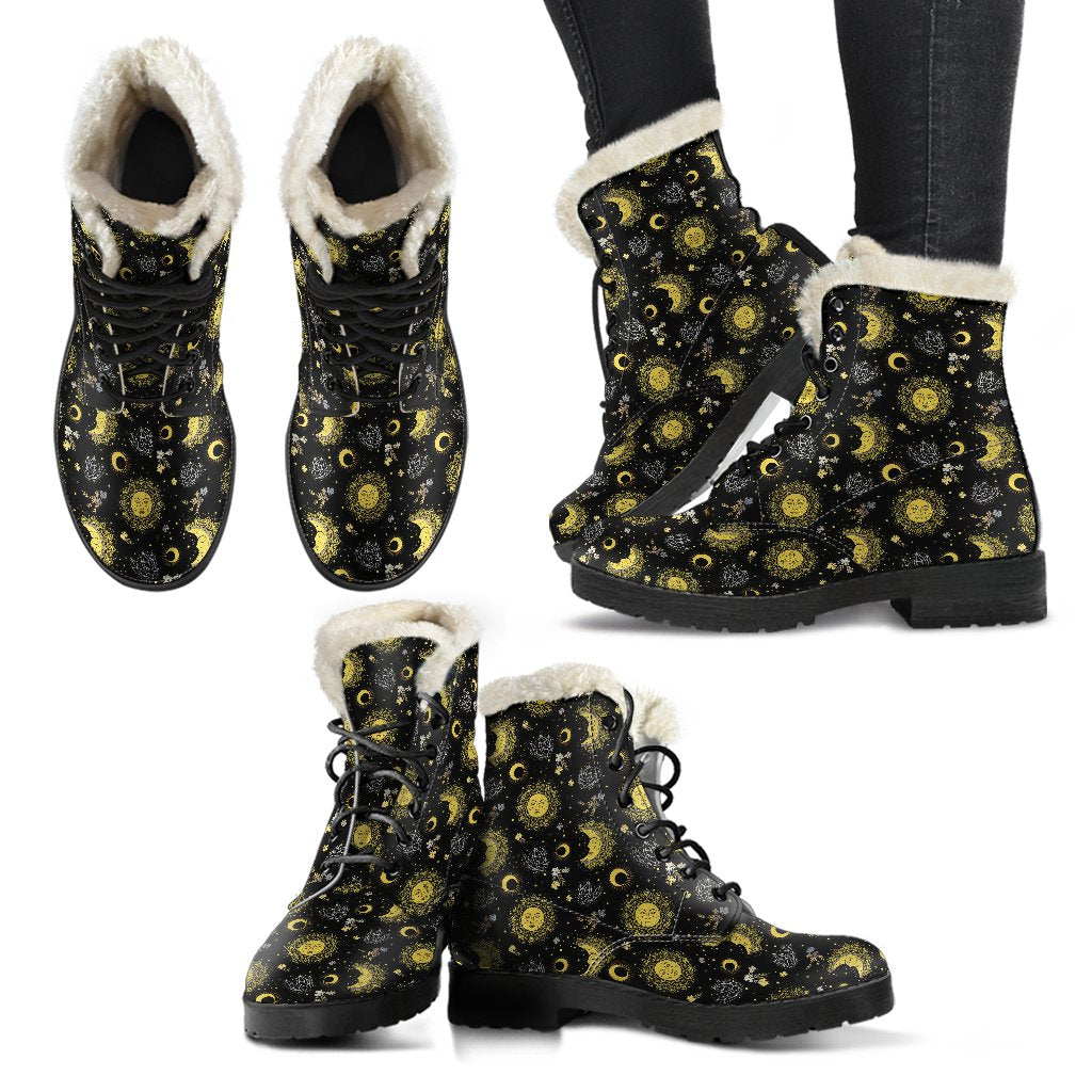 Sun Moon Golden Design Themed Print Faux Fur Leather Boots-JTAMIGO.COM
