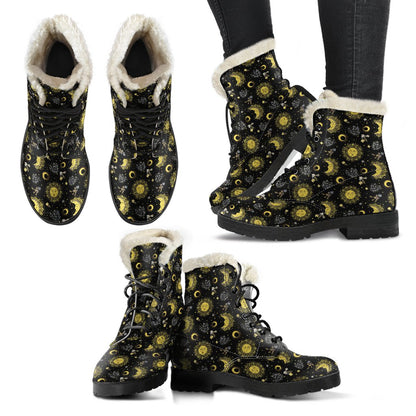 Sun Moon Golden Design Themed Print Faux Fur Leather Boots-JTAMIGO.COM