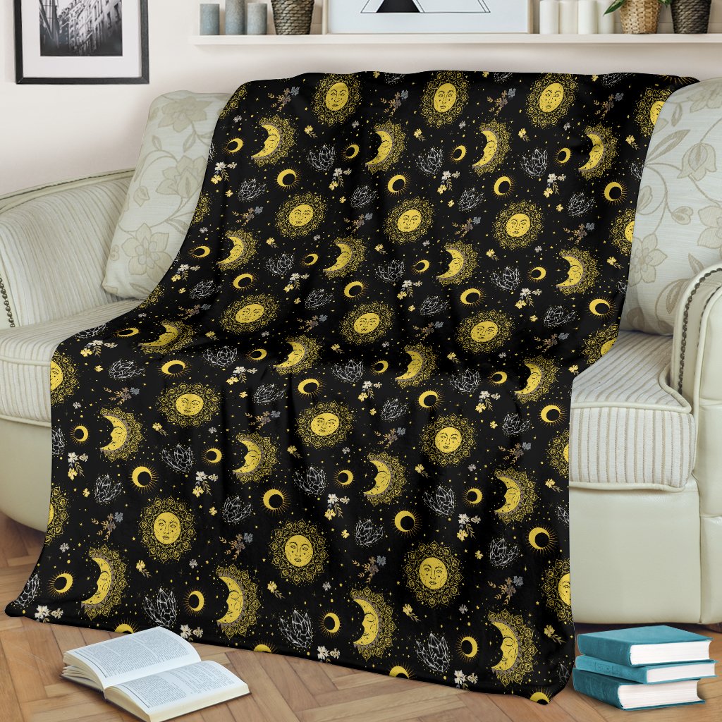 Sun Moon Golden Design Themed Print Fleece Blanket