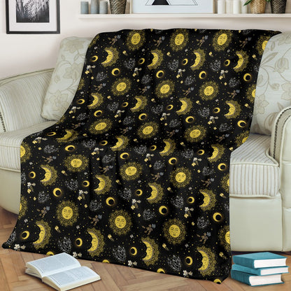 Sun Moon Golden Design Themed Print Fleece Blanket