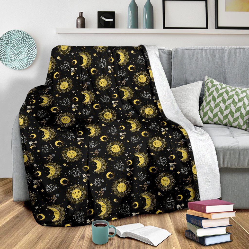 Sun Moon Golden Design Themed Print Fleece Blanket