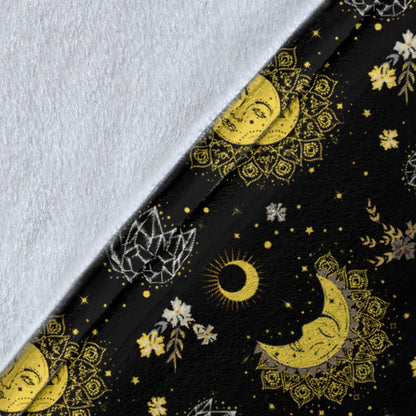 Sun Moon Golden Design Themed Print Fleece Blanket