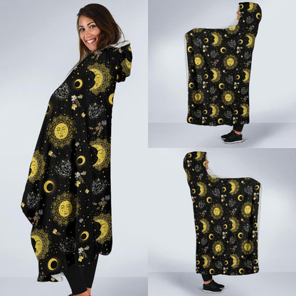 Sun Moon Golden Design Themed Print Hooded Blanket-JTAMIGO.COM