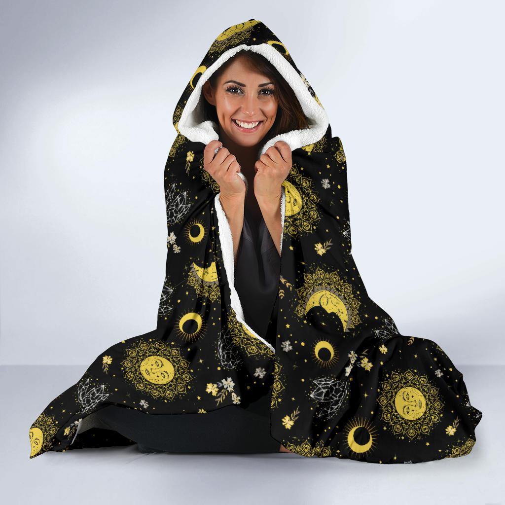 Sun Moon Golden Design Themed Print Hooded Blanket-JTAMIGO.COM
