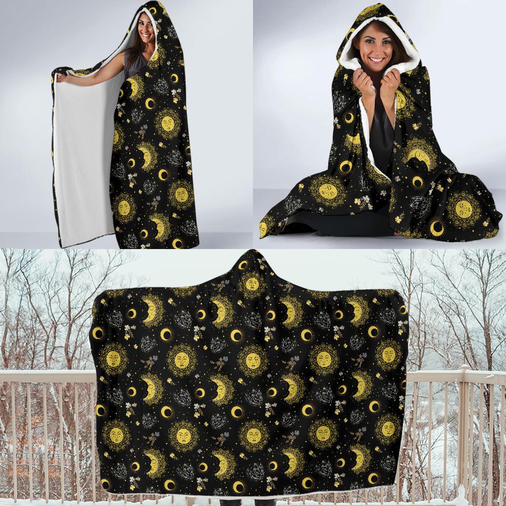 Sun Moon Golden Design Themed Print Hooded Blanket-JTAMIGO.COM