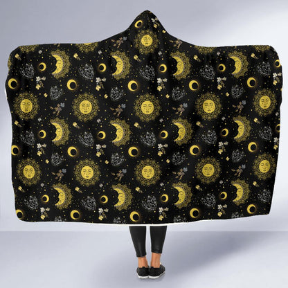 Sun Moon Golden Design Themed Print Hooded Blanket-JTAMIGO.COM