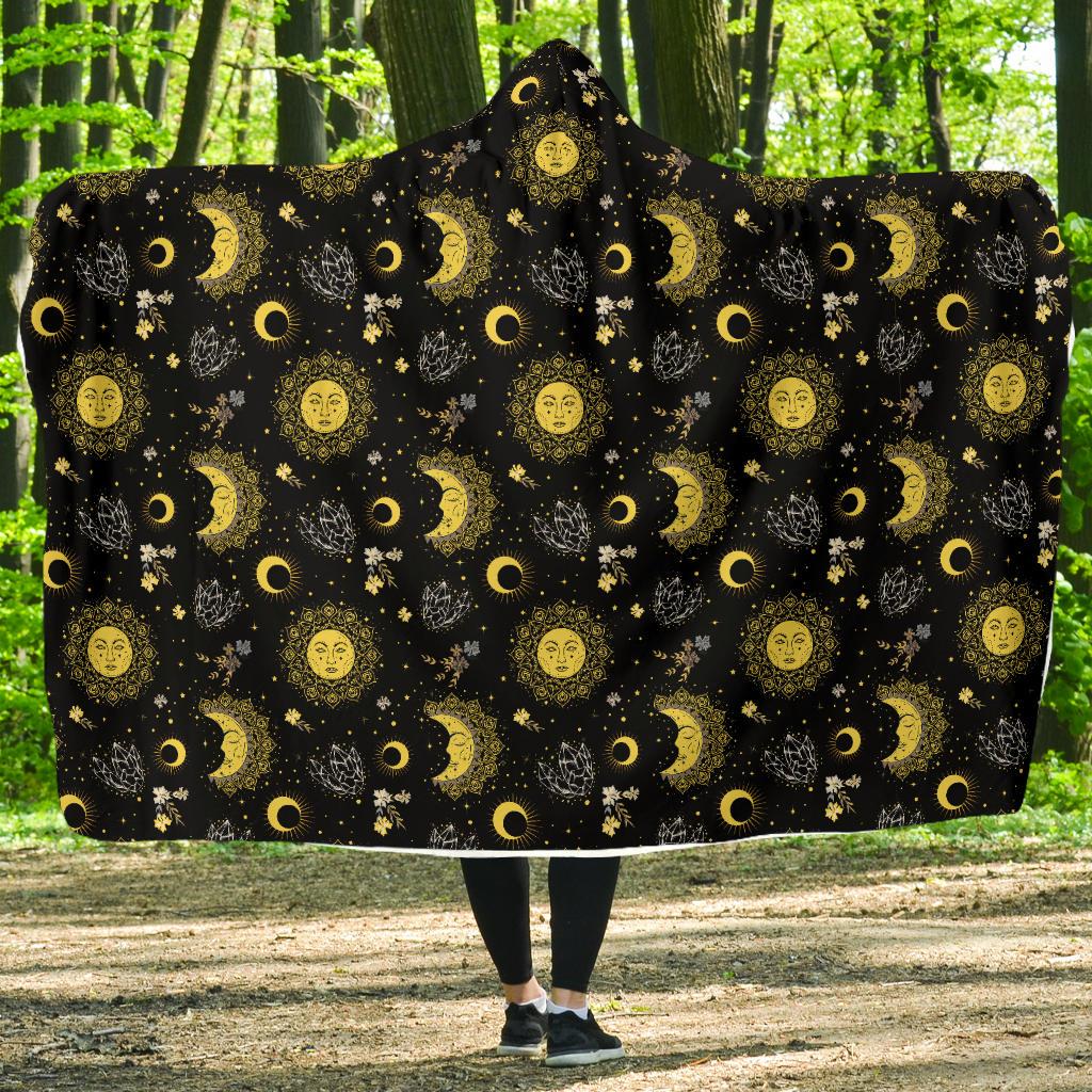 Sun Moon Golden Design Themed Print Hooded Blanket-JTAMIGO.COM